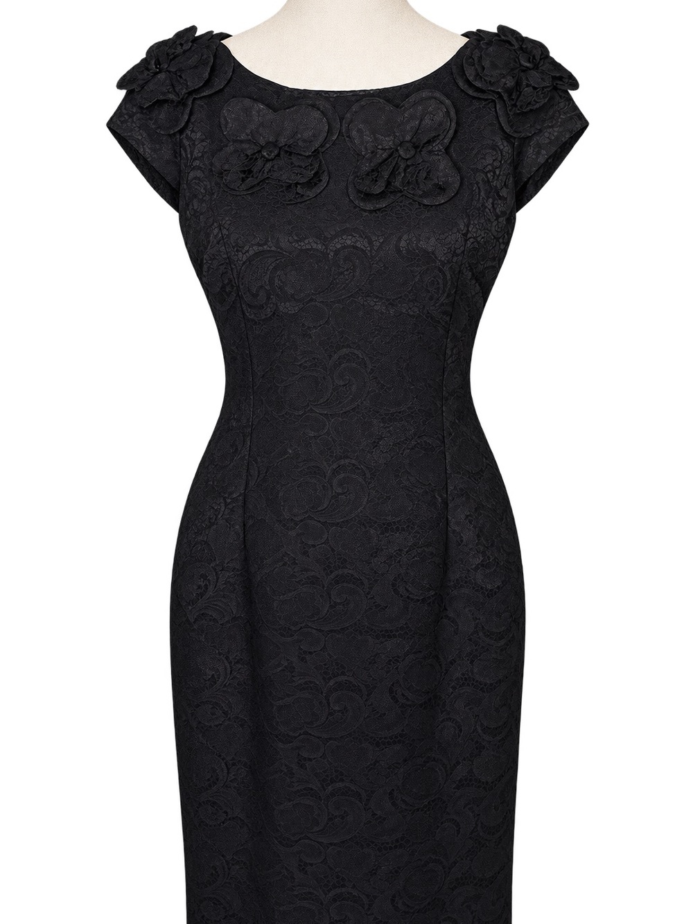 SD Collection Black Sheath Dress 14 3D Floral Neckline Cocktail Wedding Guest
